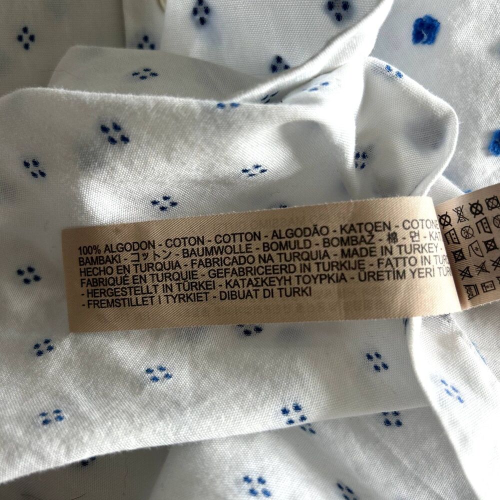 Massimo Dutti 100% Cotton White Button-Up Shirt Blue Embroidered Dot Men's Small - Picture 9 of 10